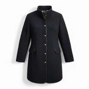 Dana Buchman Black Quilted Long Coat Women’s Snap Front Leather Trim Insulated